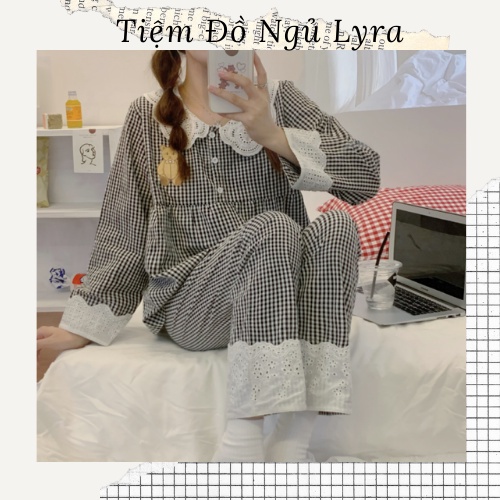 Đồ Ngủ Kẻ Caro Đen Dáng Baby Doll Phối Ren Trẻ Trung Ulzzang Hàn Quốc