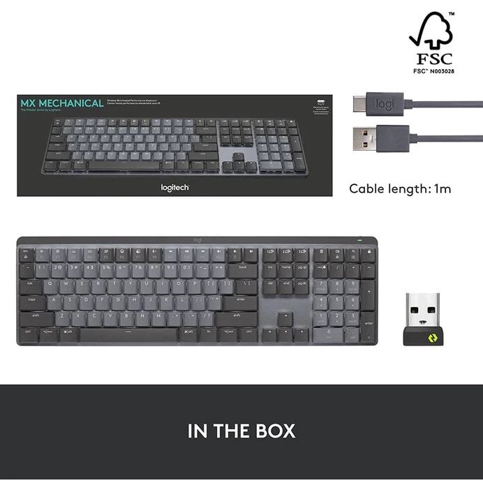 Bàn phím cơ Không Dây Logitech MX Mechanical Fullsize (Sẵn đầu thu Logi Bolt) - Hàng chính hãng