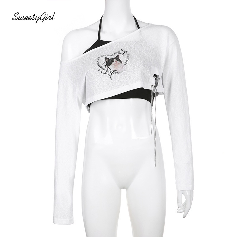 Bộ Áo Trễ Vai Tay Dài Dáng Rộng In Hoạt Hình Mèo Phối Màu Tương Phản Thời Trang 2022 Cho Nữ