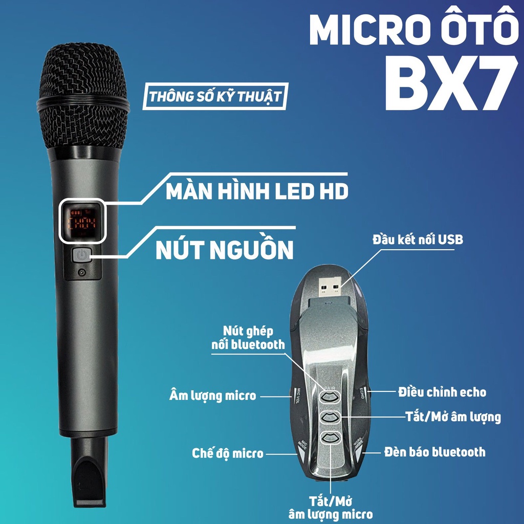 Micro Karaoke Đa Năng BX7, K18V cho xe hơi và các loại loa, Kết nối Bluetooth, Laptop, Echo trực tiếp, đèn LED, chống hú