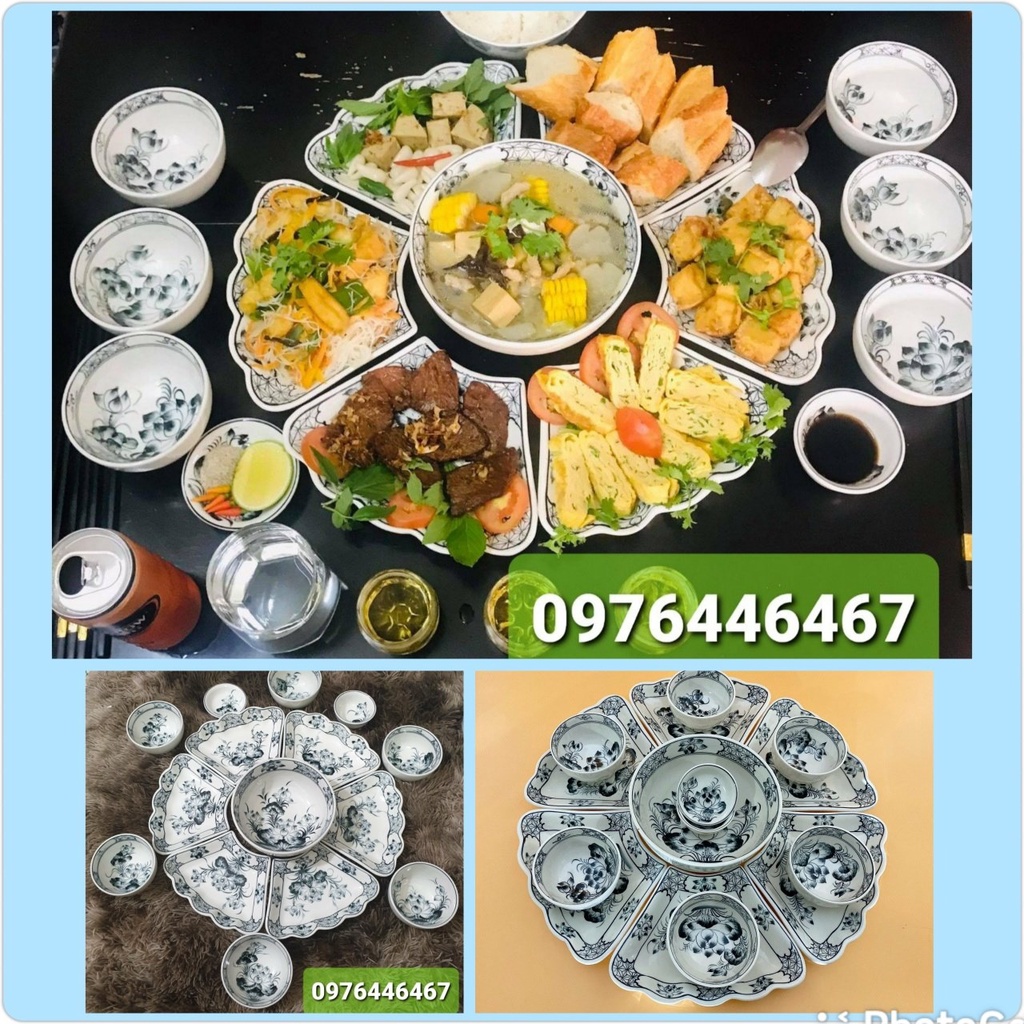 Bộ bát đĩa hoa mặt trời men gốm vẽ hoa màu xanh lam tràm Bát Tràng set bát đĩa hàng chuẩn loại 1 decor bàn ăn dễ thương