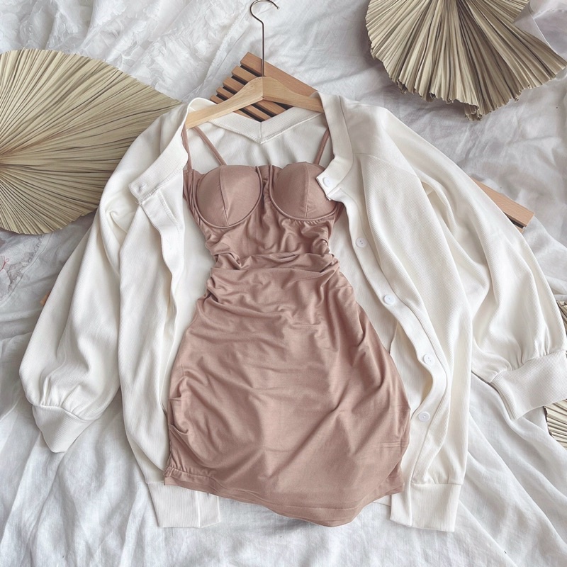 SET ÁO KHOÁC LEN OVERSIZE + ĐẦM HAI DÂY CÚP NGỰC [kèm ảnh thật]