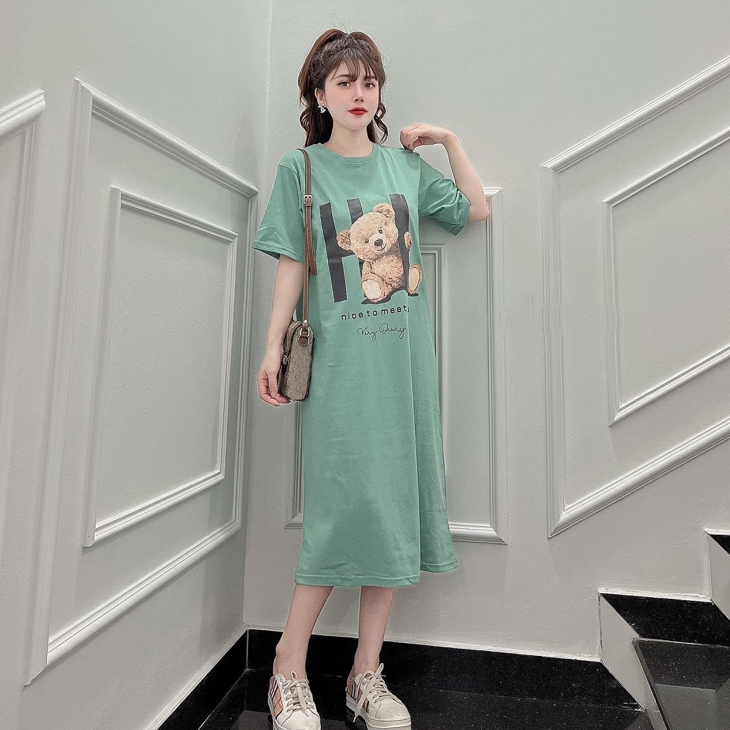 Đầm suông dài , váy suông bầu chất cotton Gemmy House in hình Gấu H