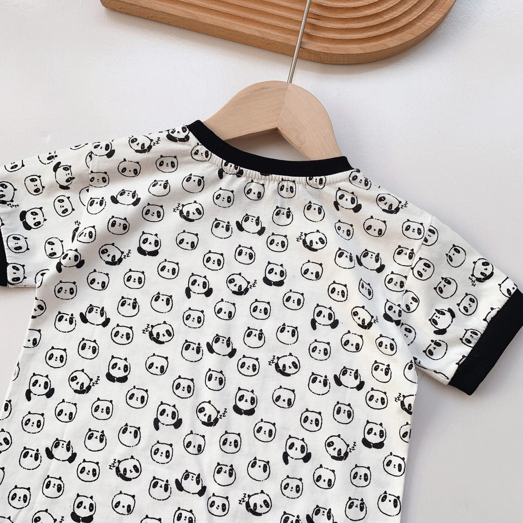 Bộ Áo Liền Quần Cotton Tay Ngắn In Họa Tiết Gấu Trúc Hoạt Hình Cho Bé Trai &amp; Gái 0-24 Tháng Tuổi