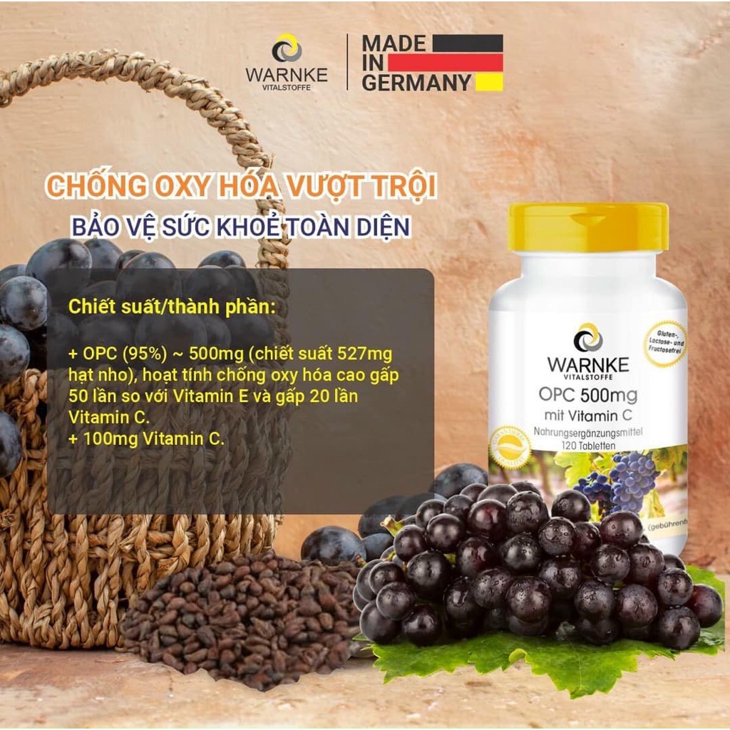 [Hỏa Tốc HCM] Viên Uống Warnke OPC 500mg mit Vtiamin C Chống Oxy Hóa, trẻ hóa da 120viên - Hàng Đức Chính Hãng