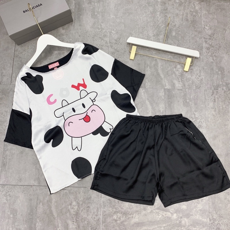 Đồ bộ nữ pijama lụa ngủ mặc nhà áo cộc quần đùi họa tiết in 3D cute dễ thương JUSOKA