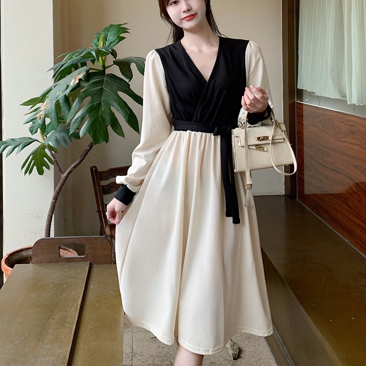 Đầm Dài Cổ Chữ V Thắt Nơ Màu Sắc Tương Phản Thời Trang Cho Nữ