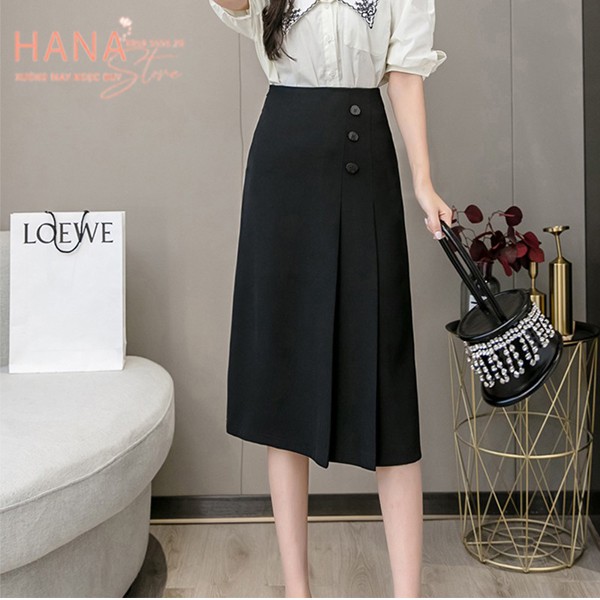 Chân váy công sở dài qua gối dáng chữ A xếp ly bản to khóa sau phối 3 cúc - Màu đen trắng nâu - Vải dày mặc đi tiệc biển | BigBuy360 - bigbuy360.vn