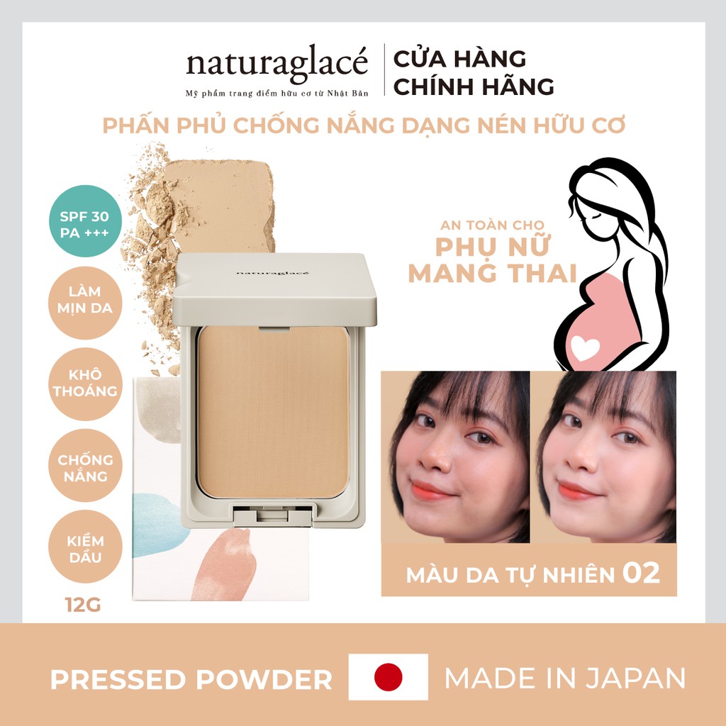 Phấn phủ hữu cơ dạng nén naturaglacé Pressed Powder (01 - Màu da sáng), kiềm dầu, chống nắng SPF30 PA+++, 12g