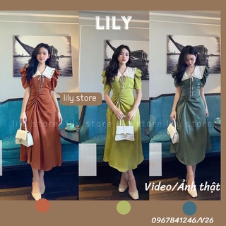 Váy nữ, Đầm nữ, Váy phối cổ trắng rút dây tiểu thư 3 màu xanh, cốm, xanh cổ vịt đủ size V26 LILY
