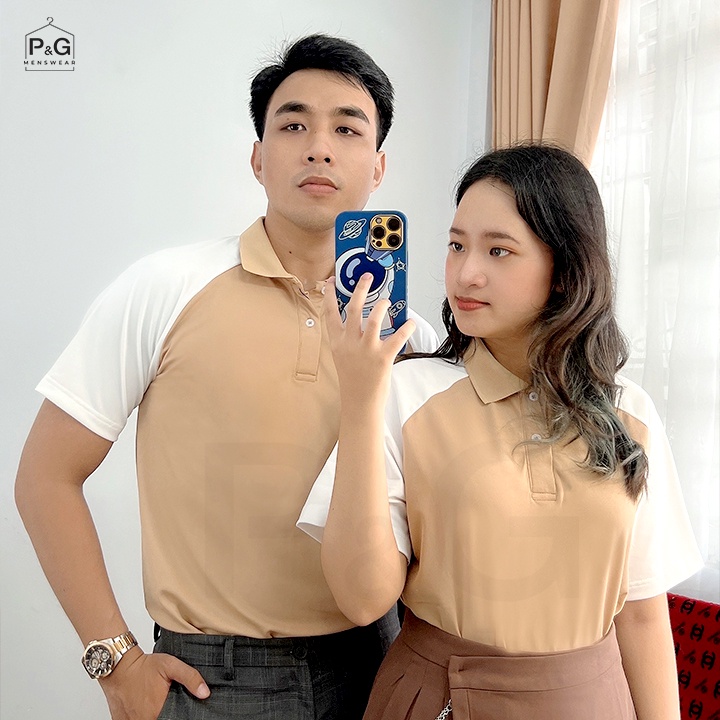 Áo Thun Polo nam nữ cặp đôi Premium, tay ngắn, cổ trụ - màu kem, phối vai trắng