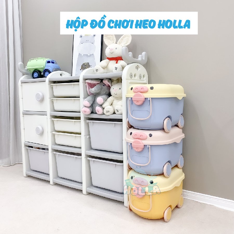 Thùng đựng đồ chơi Heo Holla 3in1 có bánh xe và tay kéo - Mặt xếp Lego cực tiện lợi | Hộp đụng đồ chơi cho bé