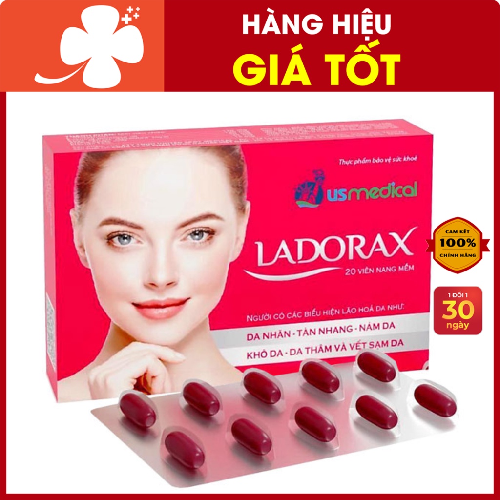 Viên uống Ladorax – Hỗ trợ tăng tính đàn hồi cho da, giảm nhăn da, mịn màng da (Hộp 1 lọ 20 viên)