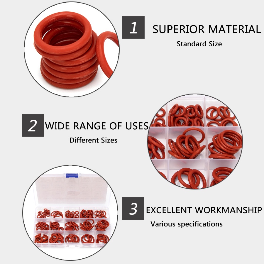 Hộp 150 Vòng Đệm silicone Đỏ 6mm-30mm cs 1mm 1.5mm 1.9mm 2.4mm