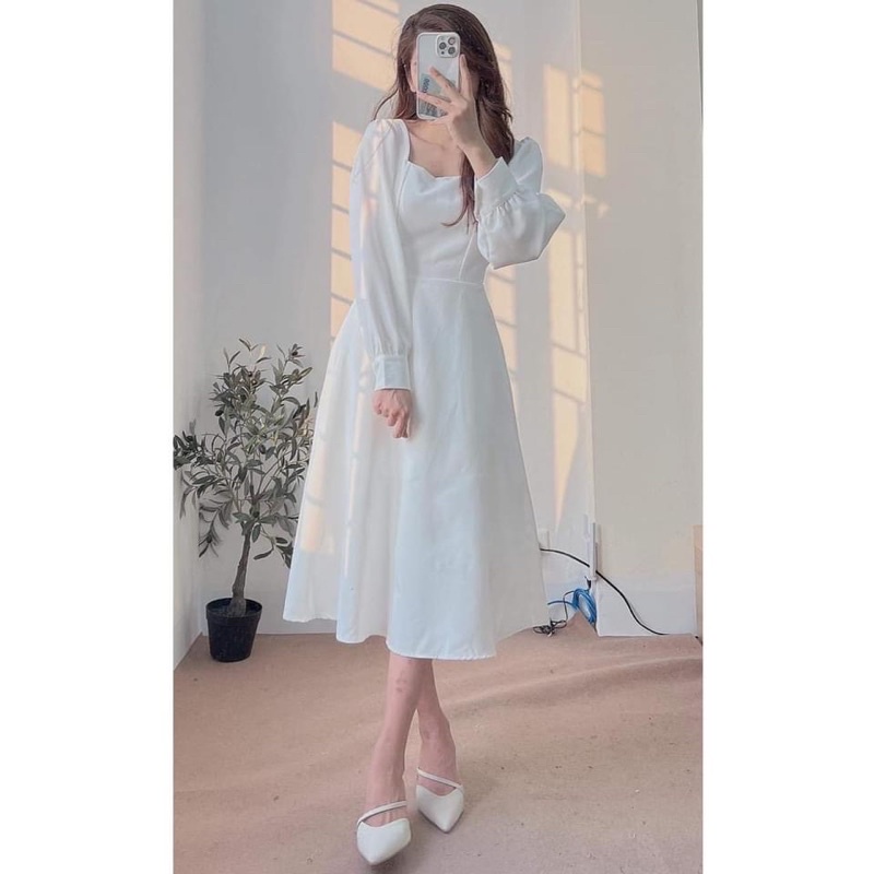 Đầm - Váy trắng dài tay cổ U tiểu thư xinh xắn