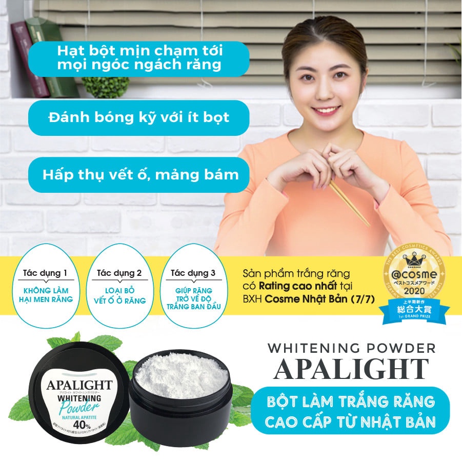 Bột Làm Trắng Răng Apalight Whitening Powder Nhật Bản Chính Hãng Làm Sạch Răng Ngăn Hôi Miệng Không Gây Ê Buốt
