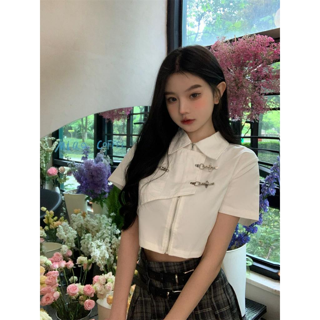 Áo sơ mi croptop Khóa Kim Loại  Zipper ,, Áo Ngắn Áo Sơ Mi Nữ