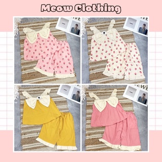 Đồ bộ mặc nhà 2 dây nơ quần lửng chất liệu lụa đũi mềm mát - meow clothing