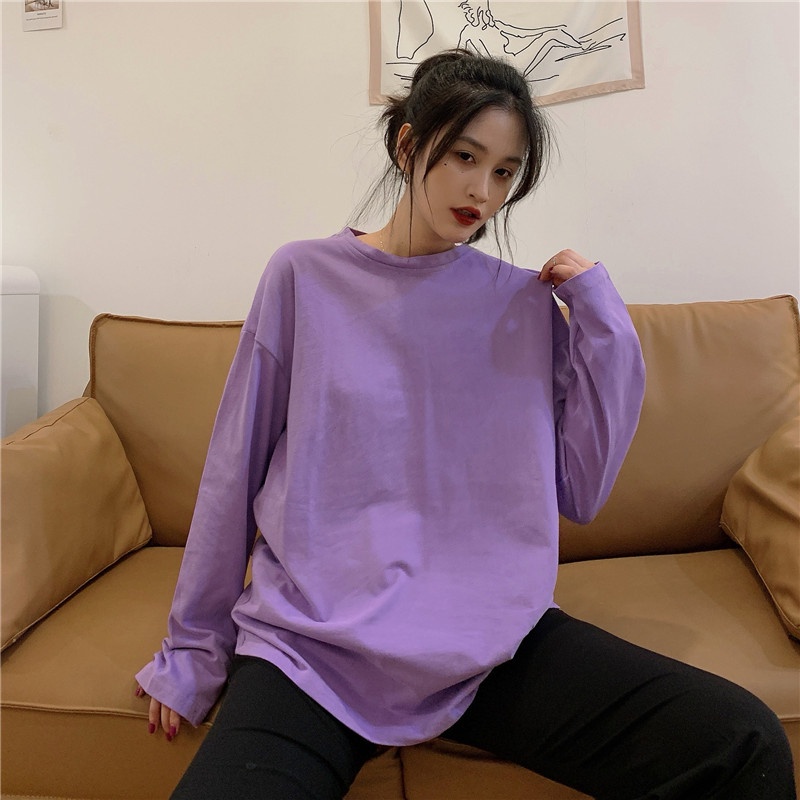 SUXI Áo Thun Nữ Tay Dài Dáng Rộng Phong Cách Hàn Quốc