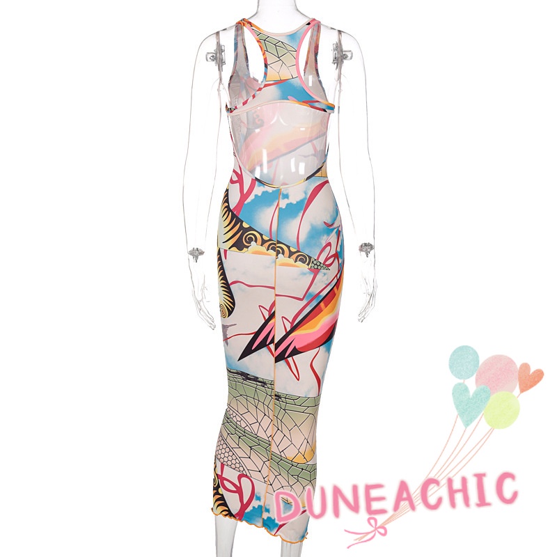 DUNEA Đầm Tank Top Hở Lưng In Họa Tiết Thời Trang Cho Nữ