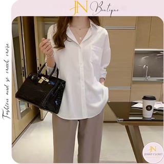 Áo sơ mi nữ tay dài form rộng kiểu áo sơ mi basic màu trắng dáng suông style đi học sinh viên có túi ngực