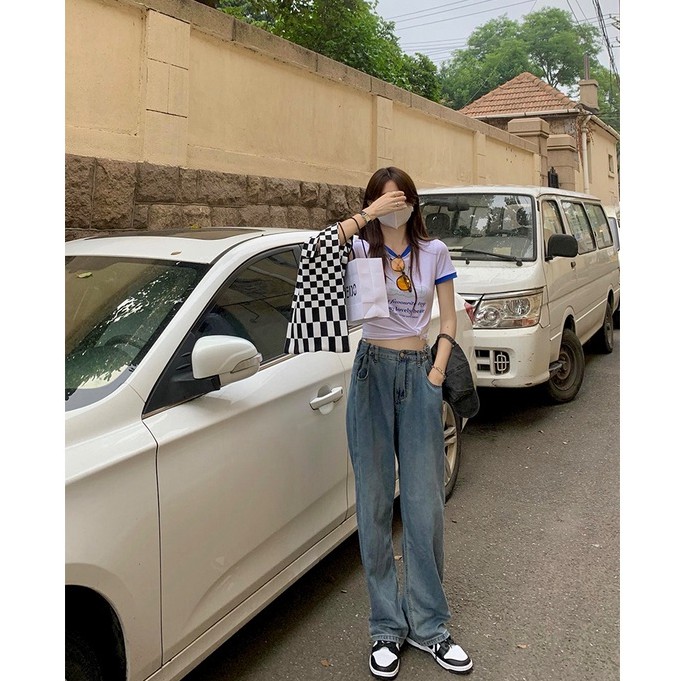 Quần jeans dài ống rộng thời trang phong cách Hàn Quốc cho nữ