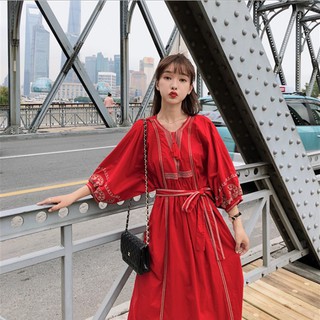 Váy maxi vintage viền thổ cẩm - Váy boho kèm belt