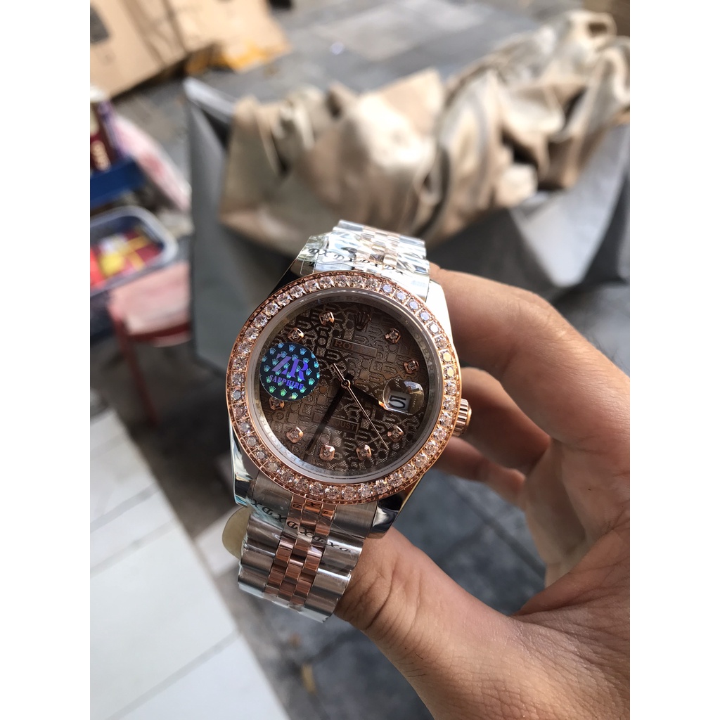 Đồng hồ nam Rolex đồng hồ cơ máy nhật mặt màu nâu cafe 3D viền đá size 41-42mm