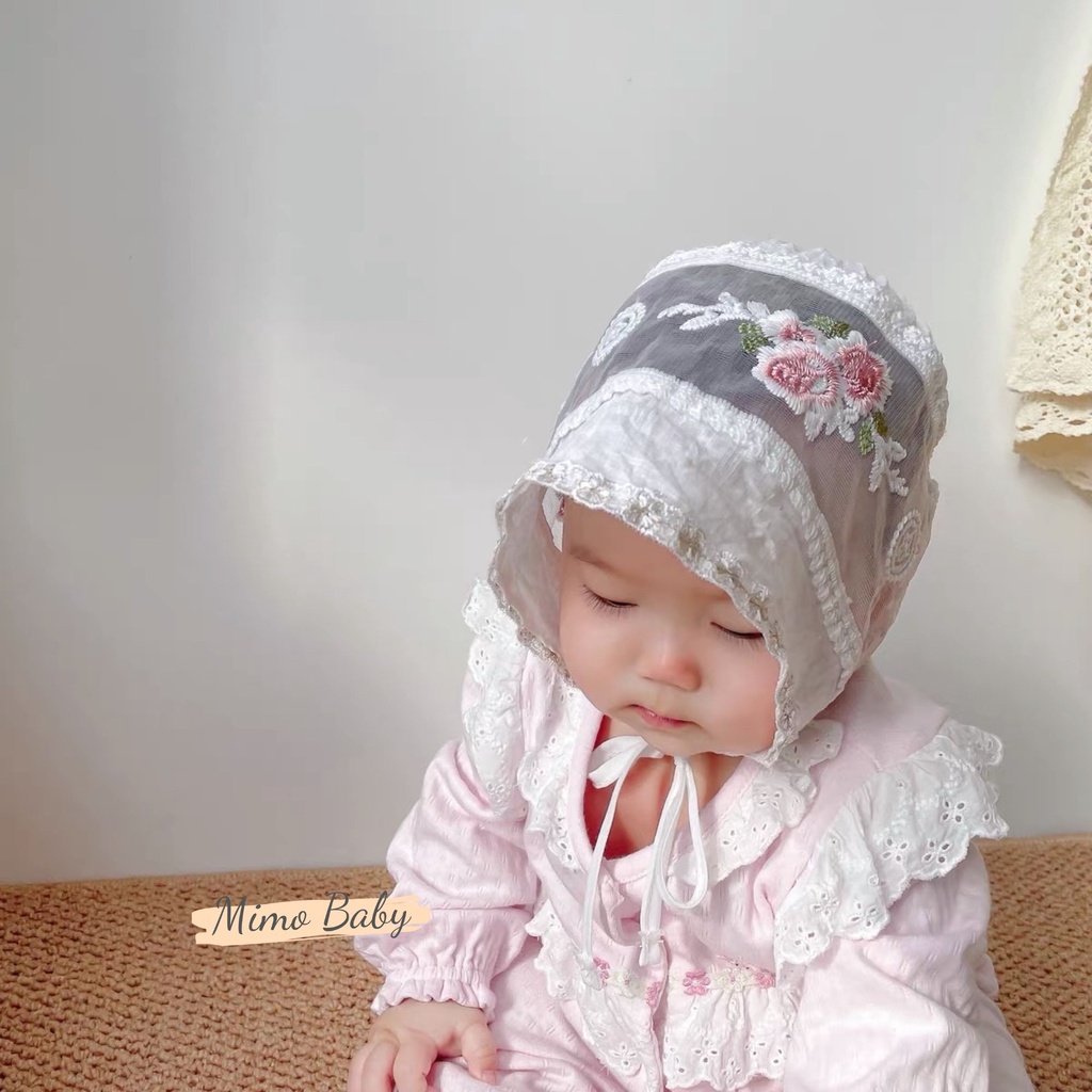 Mũ nón tiểu thư vải đũi phối ren thêu hoa xinh xắn cho bé gái MTT141 Mimo Baby