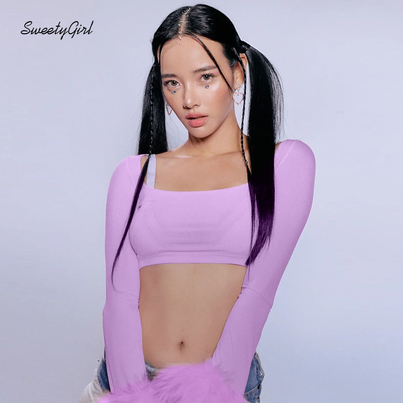 Áo Thun Cổ Vuông Tay Dài Màu Trơn Dáng Ôm Thời Trang Quyến Rũ Cho Nữ 2022