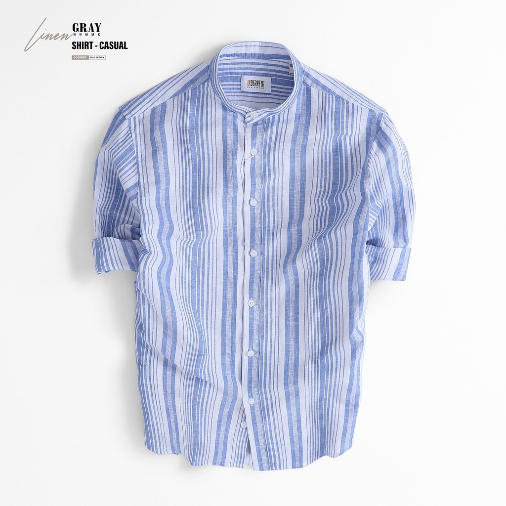 Áo Sơ Mi Nam Dài Tay Cổ Tàu (6 màu) GRAYHOMME linen kẻ sọc cá tính chất vải đũi thoáng mát - TB122