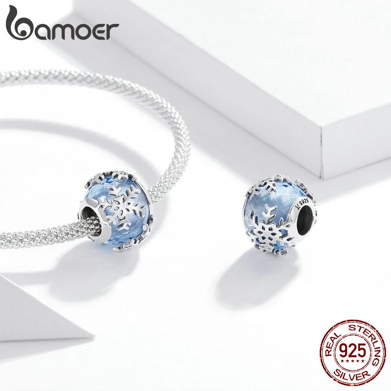 Hạt Bamoer SCC1666 Làm Từ Bạc Thật 925 Họa Tiết Bông Tuyết Phụ Kiện Làm Vòng Tay Trang Sức