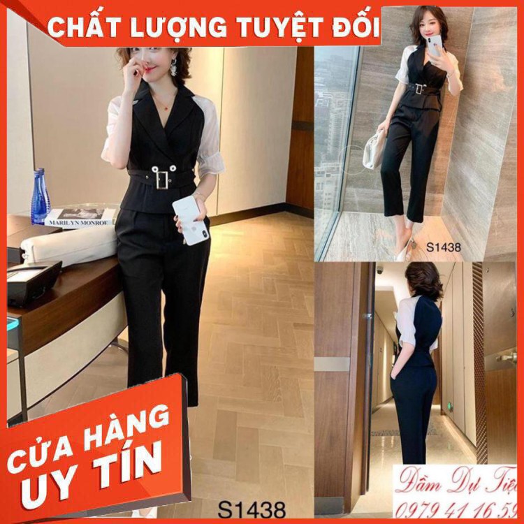 HÀNG CAO CẤP -  GIẢM NGAY 50K Sét công sở gồm áo đen tay ren + quần + đai (bell) S1438 - DVC (Video mẫu mặc shop tự quay