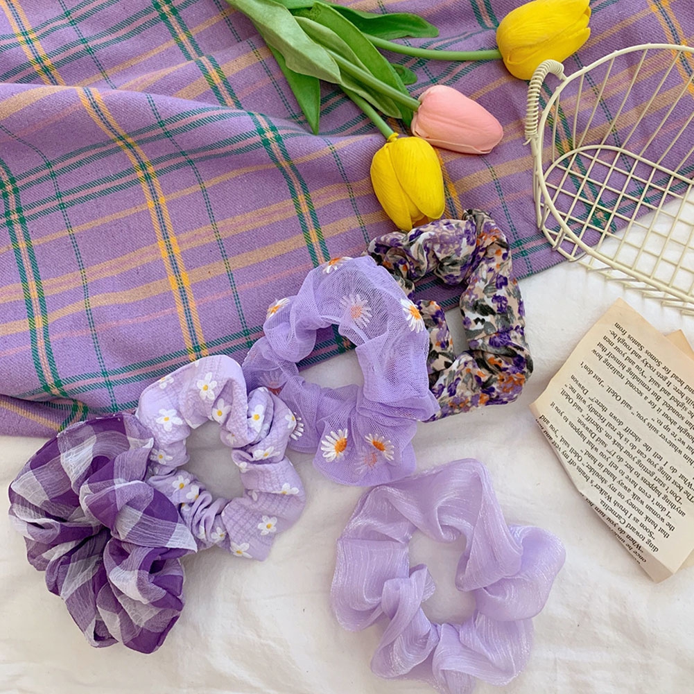 Dây Buộc Tóc Họa Tiết Hoa Cúc Màu Tím Co Giãn Tốt Xinh Xắn