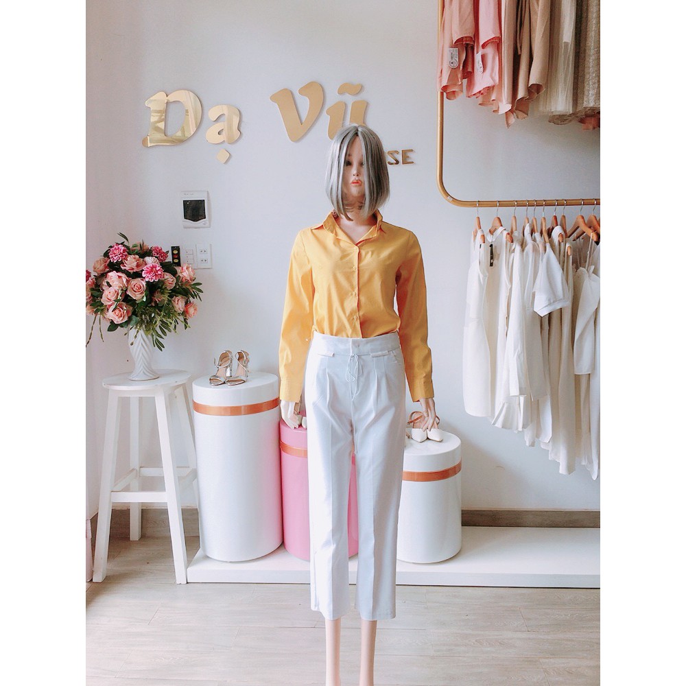 ÁO SƠ MI KIỂU AMUF VÀNG TAY DÀI FOM CROPTOP- Dạ Vũ House