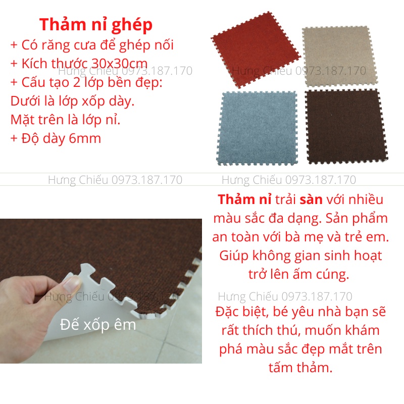 Thảm nỉ ghép trải sàn miếng chống trơn trượt trải phòng khách Tường Lâm tấm 30x30cm