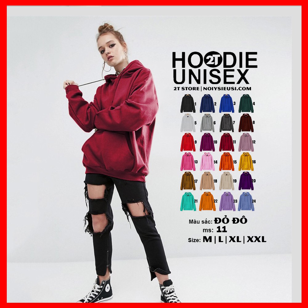 Áo hoodie unisex 2T Store H11 màu đỏ đô - Áo khoác nỉ chui đầu nón 2 lớp dày dặn chất lượng đẹp