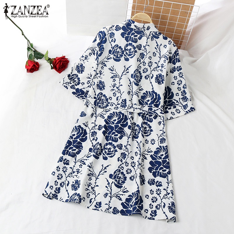Đầm mini Zanzea cổ bẻ tay lỡ in họa tiết hoa thời trang cho nữ