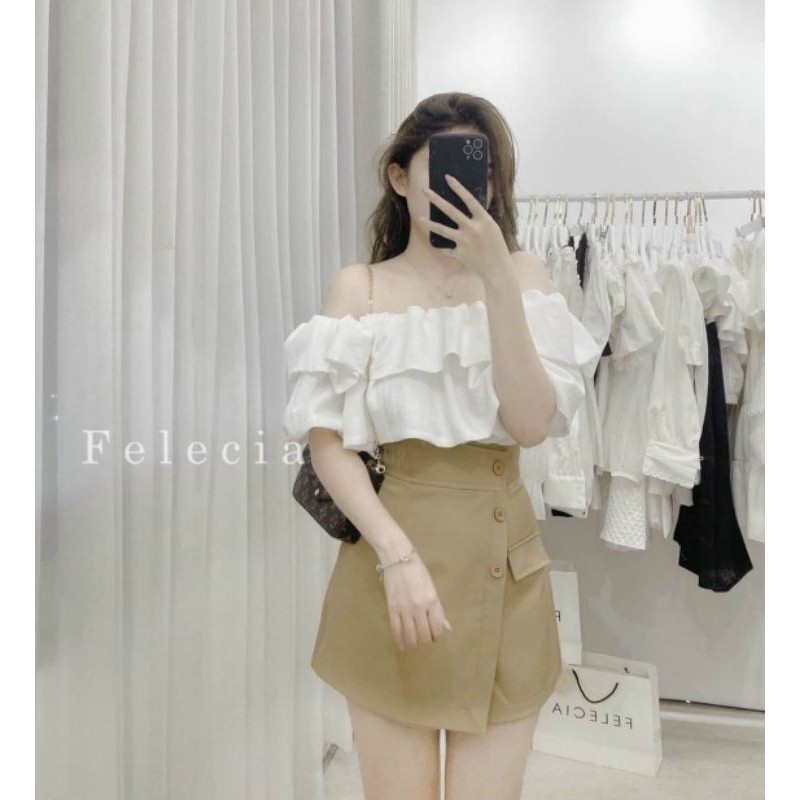 SET ÁO TRỄ VAI PHỒNG CHÂN VÁY NUDE NÚT🌸VIDEO THẬT SHOP QUAY SET8510