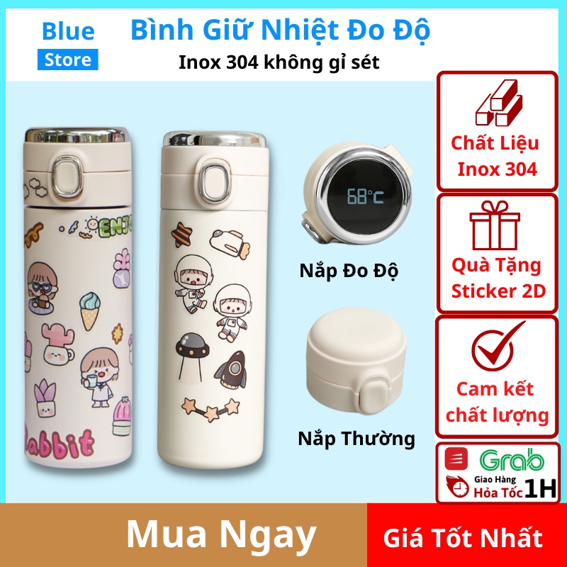 Bình nước giữ nhiệt đo độ cute dễ thương Fan, Bình giữ nhiệt inox 304 nắp bật tiện lợi 420ml tặng kèm sticker-Bluestore