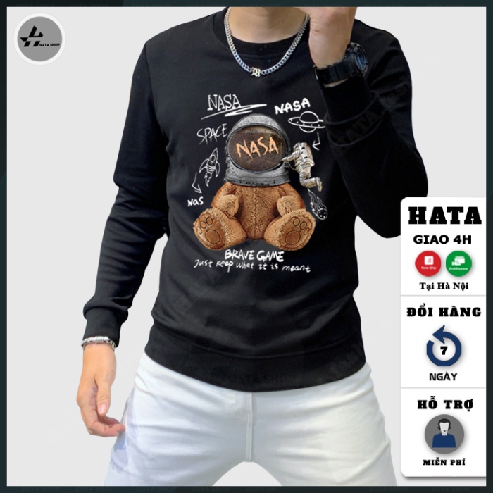 Áo sweater nam cổ tròn, Áo thu đông nam chất mịn đẹp dáng ôm in Gấu NASA mã NZ631