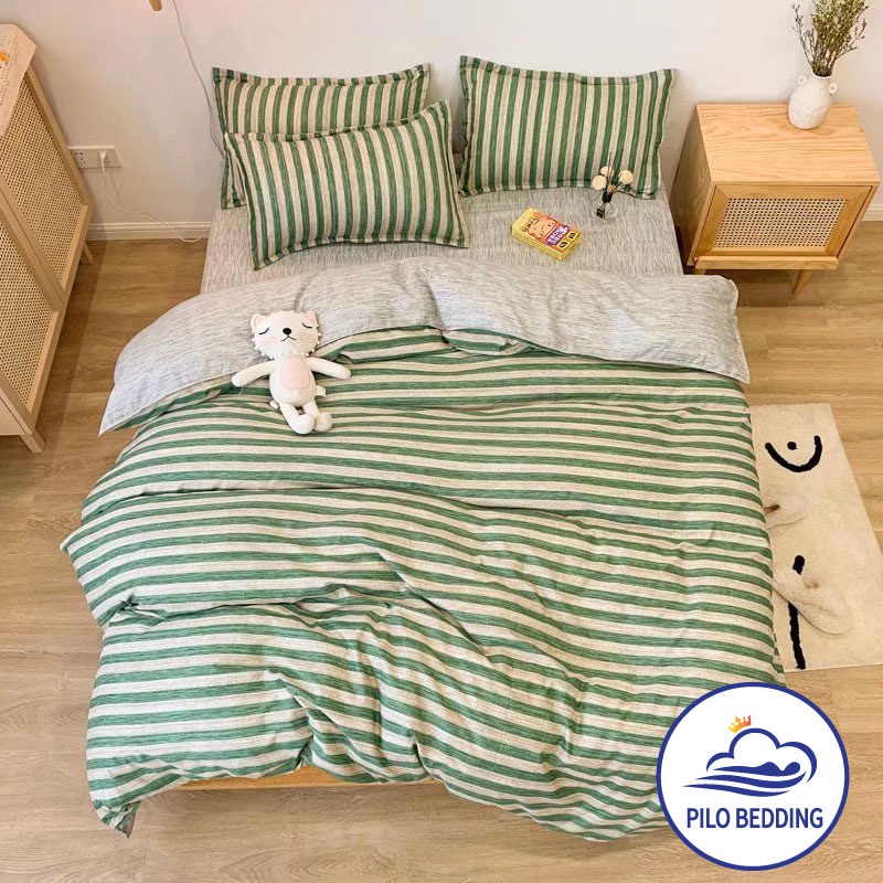 Bộ chăn ga gối Cotton Poly PILO BEDDING gồm vỏ chăn mền,drap ga giường và 2 vỏ gối nằm - PL Kẻ sọc xanh