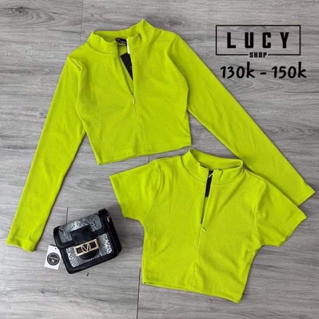 Áo crop top tay dài khoá kéo Màu neon và đenThun cotton tôn dángHàng có sẵnBao đẹp nhéFree size .