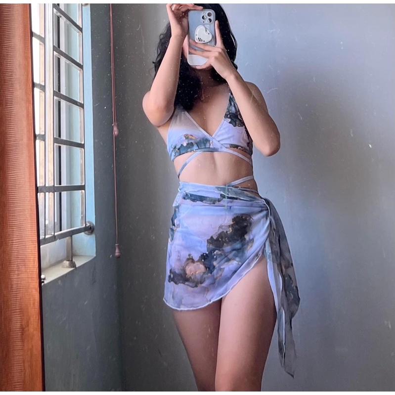 Set bikini 3 mảnh - 3 màu chính hãng Shein , bikini khăn quấn phong cách