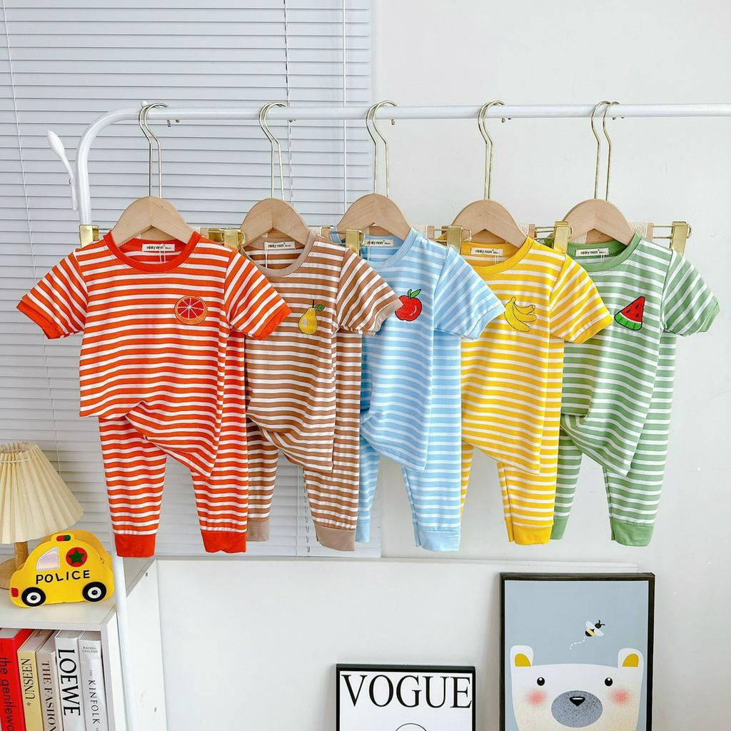 Bộ tay ngắn quần dài hình thêu trái cây sọc dẹt VISCO thun lạnh mINKY MOM size 7-18kg