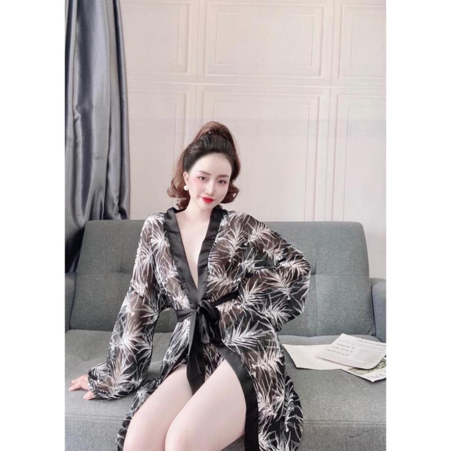 Áo Choàng Ngủ Sexy, Áo Ngủ Kimono Sexy, Áo Choàng Xuyên Thấu Chất Voan Hoa Phối Quần Satin Trơn Cao Cấp, Gợi Cảm, Thu Hú | BigBuy360 - bigbuy360.vn
