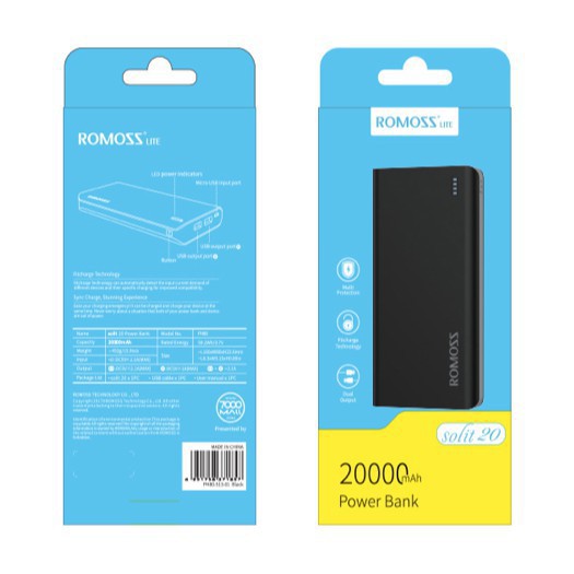 Combo Pin sạc dự phòng 20.000mah Romoss Solit 20 (Đen) + Cáp sạc micro USB CB05F dài 1 mét - Chính hãng