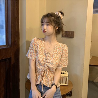(ẢNH THẬT) Áo ngắn tay mùa hè nữ dây rút voan hoa tay ngắn siêu đẹp ngọt ngào hợp thời trang xinh xắn (tặng kèm nơ tóc)