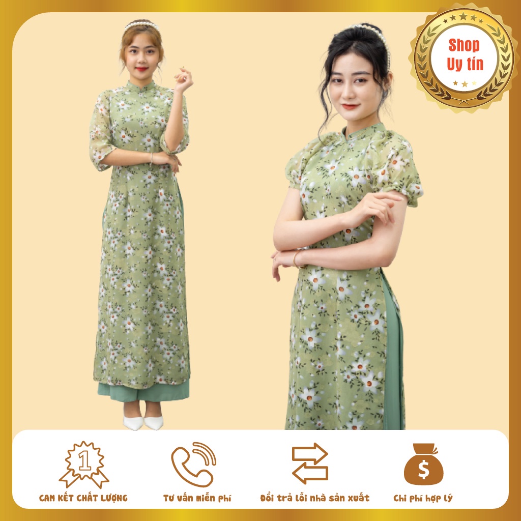 Áo dài truyền thống voan tơ màu xanh tay bồng họa tiết hoa trắng siêu xinh