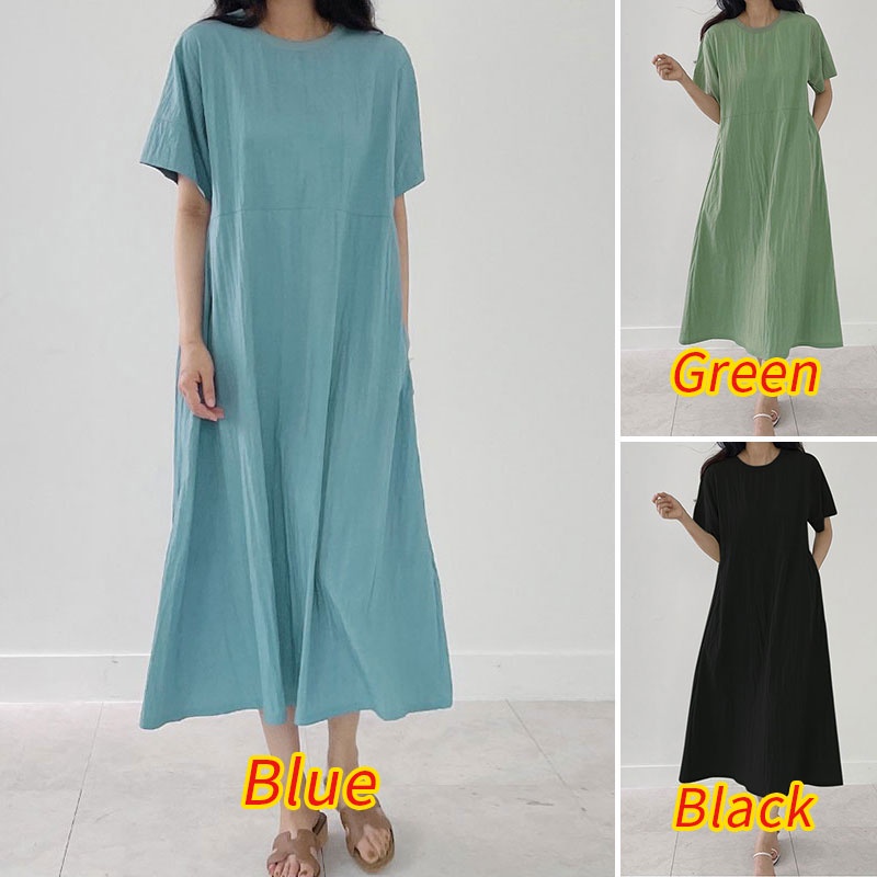 Đầm ZANZEA dài tay ngắn cổ tròn màu trơn thời trang đường phố cho nữ
